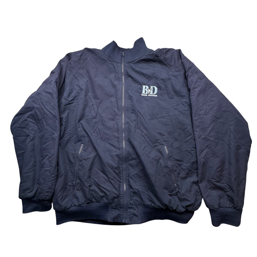 Vintage Big Dogs Fleece Lined Bomber Jacket Mens XL Navy Blue Logo Pockets